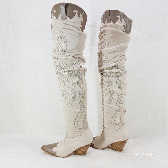 Iconic Western Thigh high Cowgirl Boots Cream - Picture 4 of 12